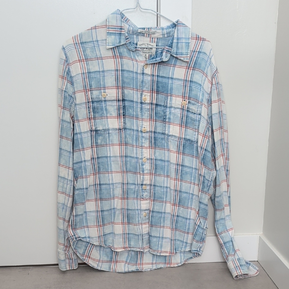 Lucky Brand Blue, White & Red Plaid Long-Sleeve Button Shirt